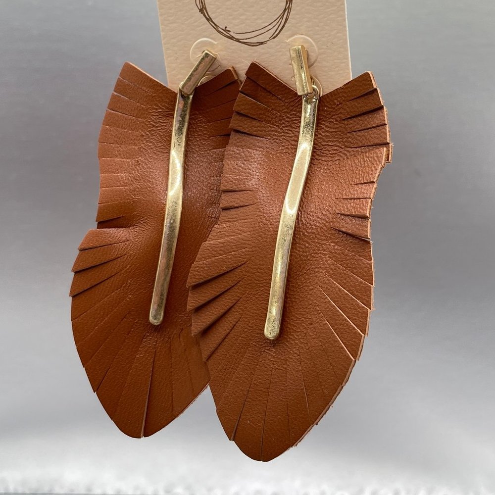 New! Leather Leaf Fringe Drop Earrings in Camel
